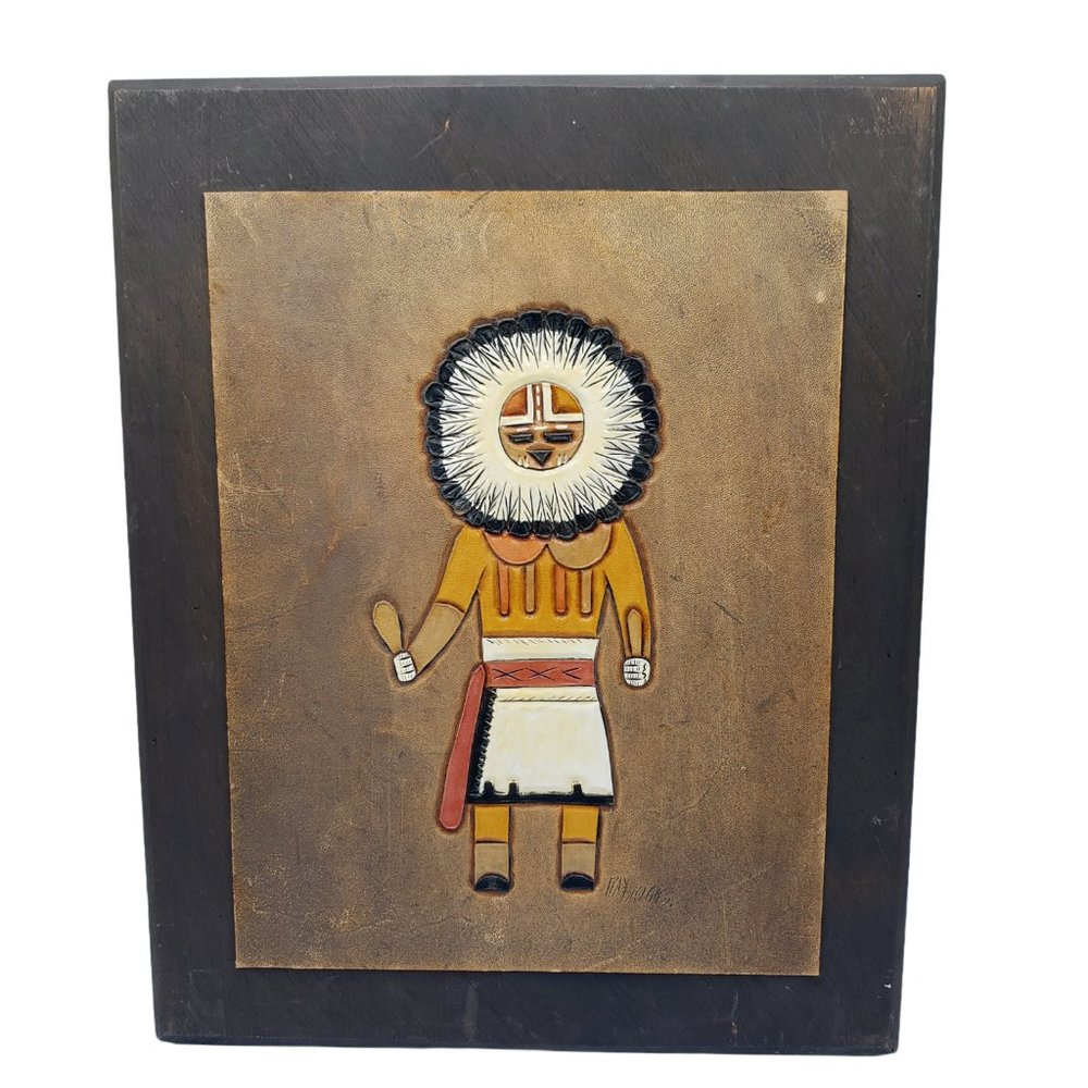 Hand Painted Tooled Kachina on leather signed by artist board mounted 14 x11